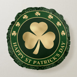 Green and Gold Shamrock Clover St Patrick's Day Round Pillow