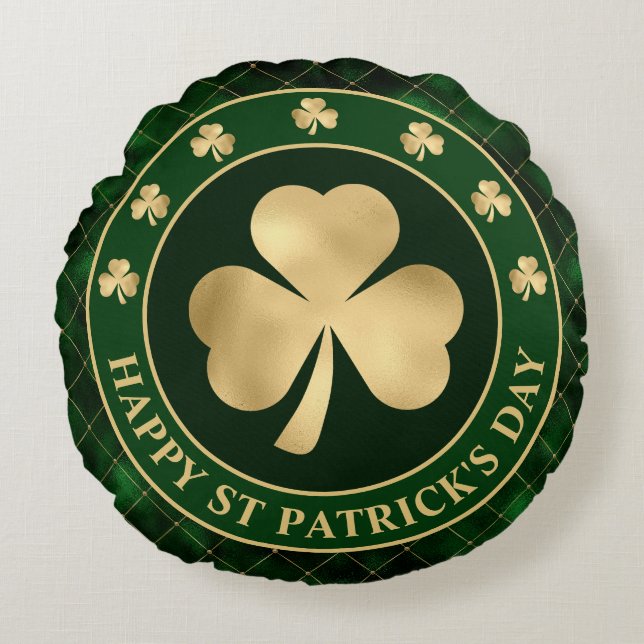 Green and Gold Shamrock Clover St Patrick's Day Round Pillow (Front)