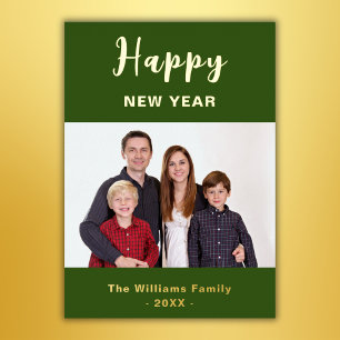 Green And Gold Simple Happy New Year Family Photo Foil Holiday Card