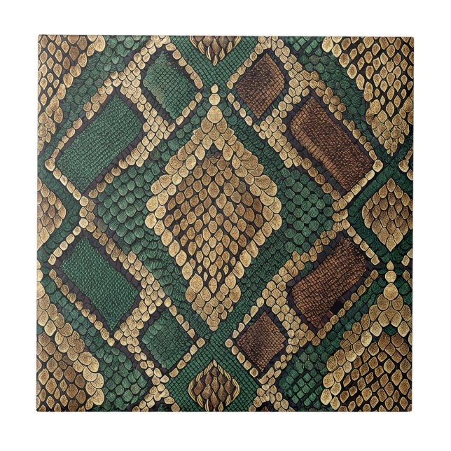 Green and Gold Snake Skin Pattern - Animal Print Tile (Front)