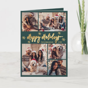 Green and Gold Snowflake 6 Photo Collage Happys  Holiday Card