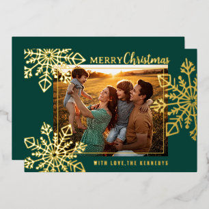 Green And Gold Snowflakes Merry Christmas Photo   Foil Holiday Card