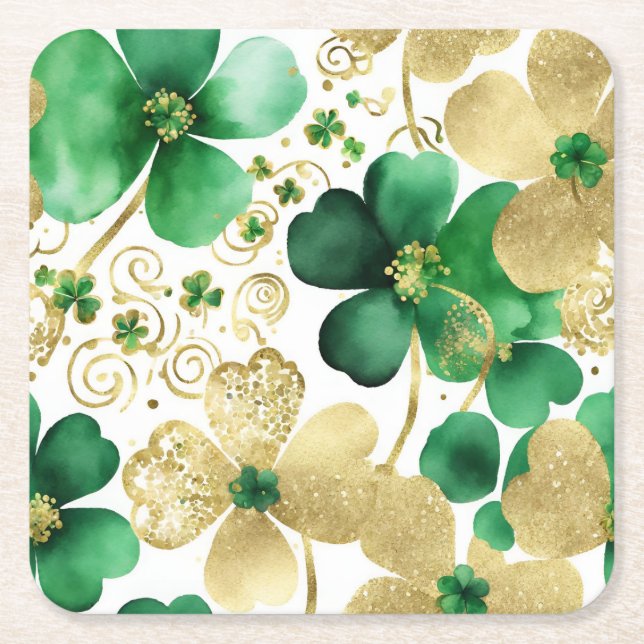 Green and Gold St Patrick's Day Shamrock Square Paper Coaster (Front)