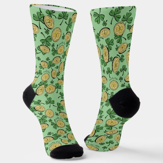 Green and Gold St Patrick's Lucky You Shamrock Socks (Angled)