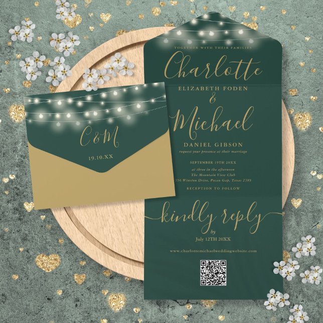 Green And Gold String Lights QR Code Wedding  All In One Invitation (Green And Gold String Lights QR Code Wedding All In One Invitation)