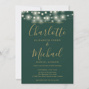 Green And Gold String Lights Script Photo Wedding Invitation