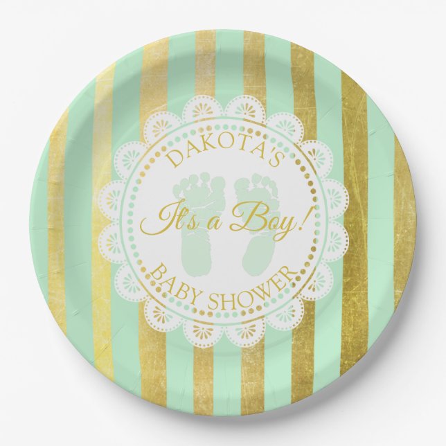 Green and Gold Striped Personalized Shower Plate (Front)