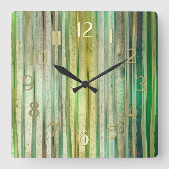 Green and Gold Stripes Square Wall Clock (Front)