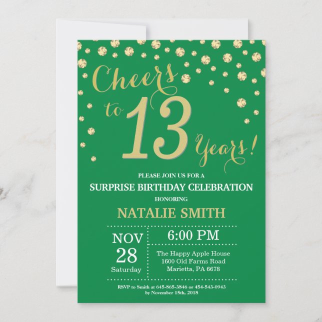 Green and Gold Surprise 13th Birthday Diamond Invitation (Front)