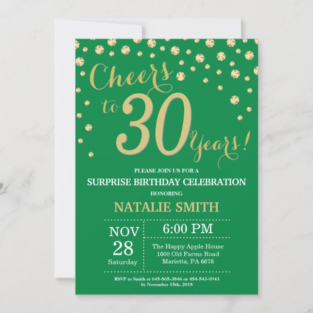 Green and Gold Surprise 30th Birthday Diamond Invitation (Front)