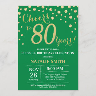 Green and Gold Surprise 80th Birthday Diamond Invitation