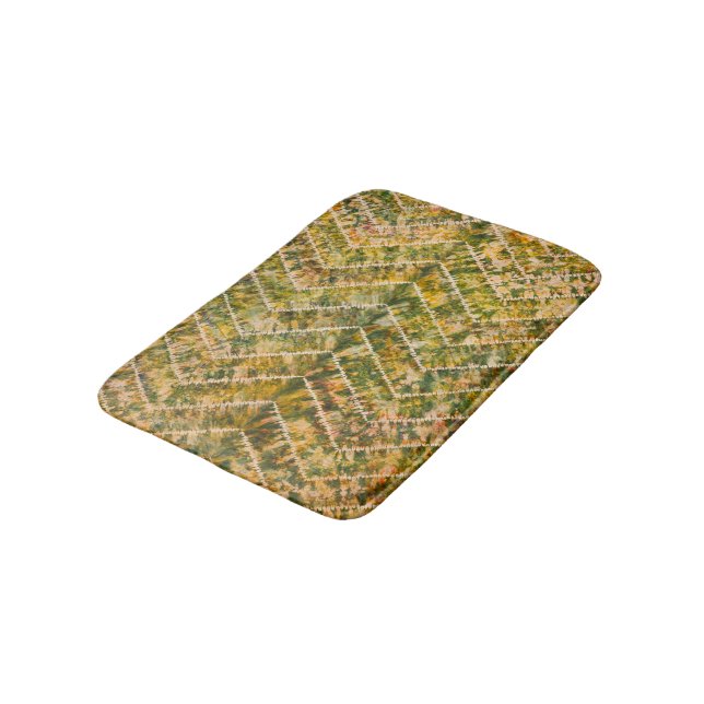 Green and Gold Tie Dye Chevron Pattern Bath Mat (Angled)