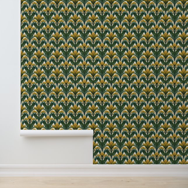 Green and Gold Tropical Leaves and Flowers Wallpaper (Application)