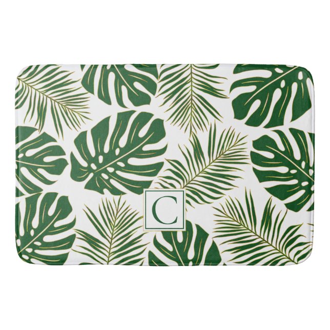 Green and gold tropical leaves and monogram bath mat (Front)