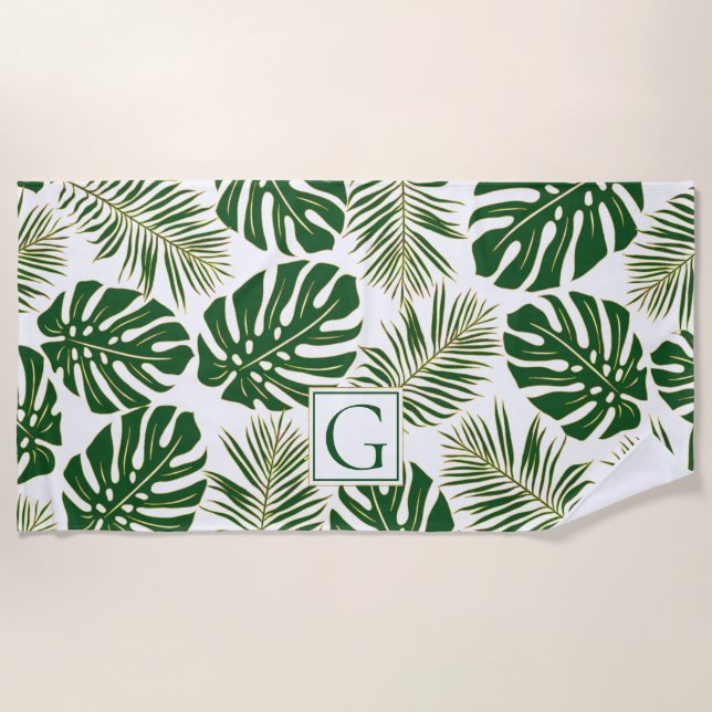 Green and gold tropical leaves and monogram beach towel (Front)