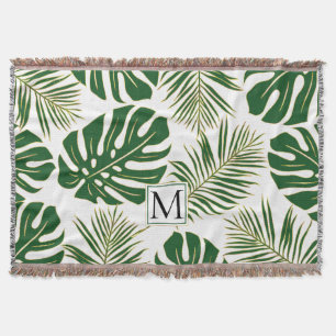 Green and gold tropical leaves and monogram throw blanket