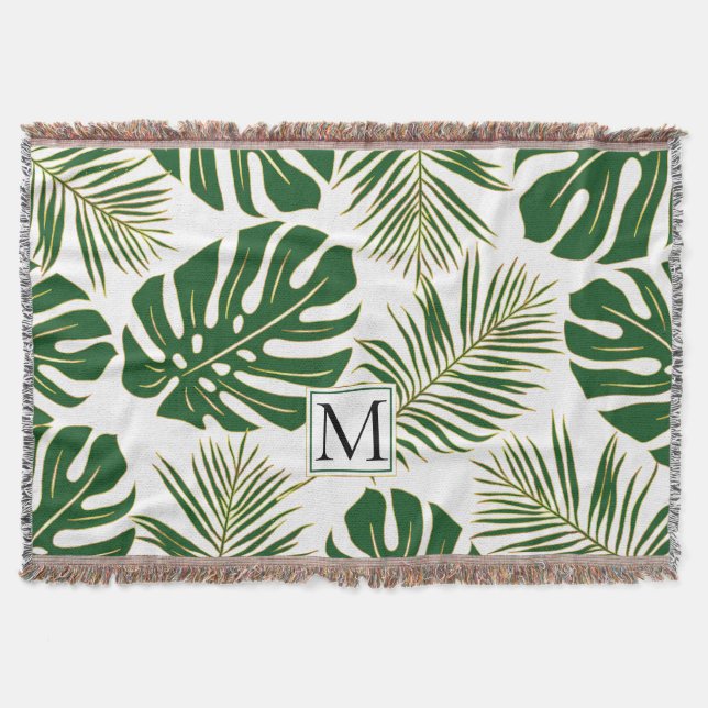 Green and gold tropical leaves and monogram throw blanket (Front)