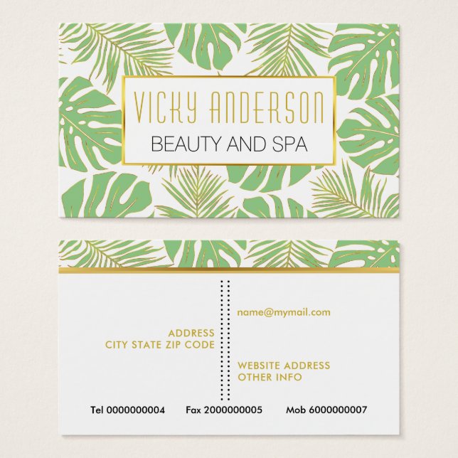 Green and gold tropical leaves business cards (Devant & derrière)