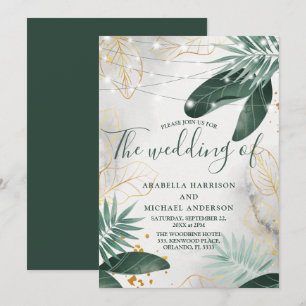 Green And Gold Tropical wedding Invitation