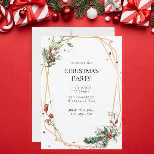 Green and Gold Watercolor Christmas Party Invitation