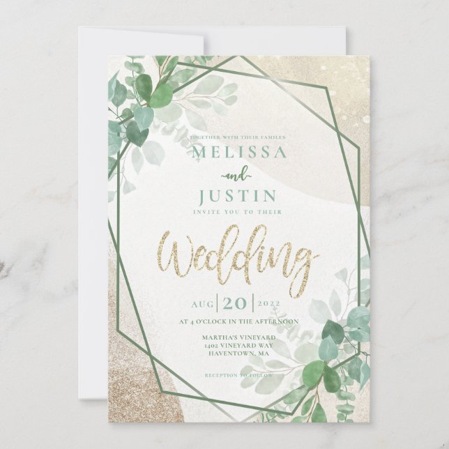 Green and Gold Watercolor greenery Wedding  Invitation (Front)