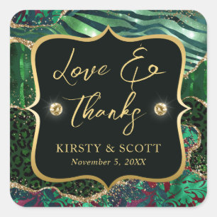 Green and Gold Wild Jungle Glitter Agate Wedding Square Sticker