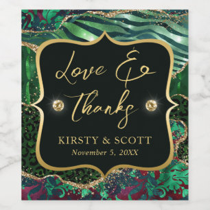 Green and Gold Wild Jungle Glitter Agate Wedding Wine Label