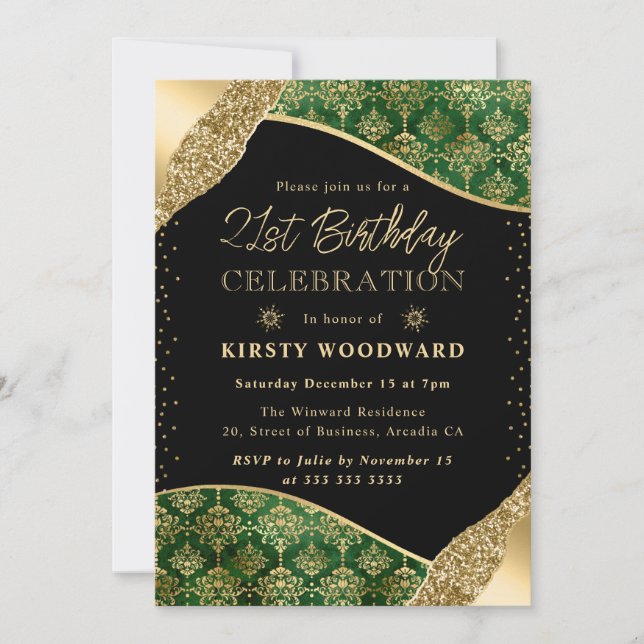 Green and Gold Winter Damask 21st Birthday Invitation (Front)