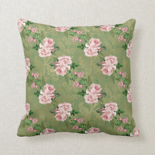 Green and Gold with Pink Roses Throw Pillow