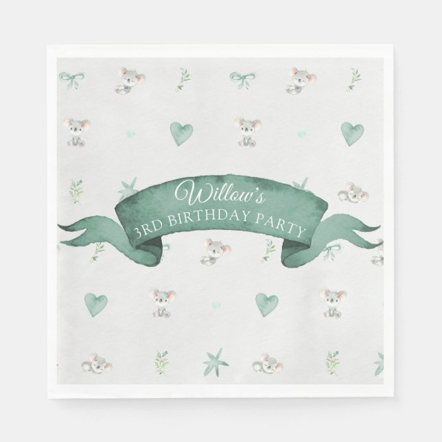 Green and Grey Baby Koala Birthday Party Napkin (Front)