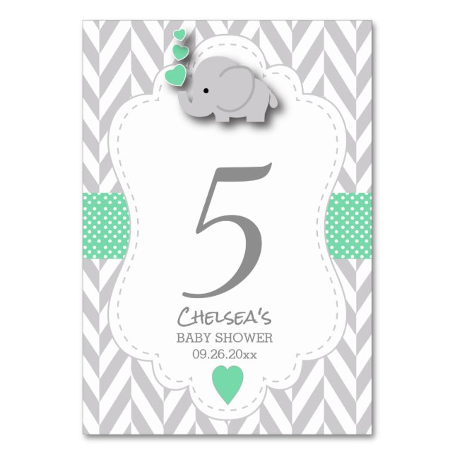 Green and Grey Chevron Elephant Table Number (Front)