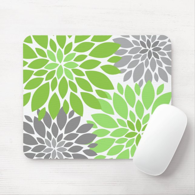 Green and Grey Chrysanthemums Floral Pattern Mouse Pad (With Mouse)