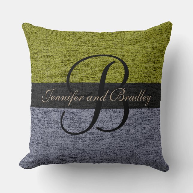 Green and Grey Elegant Monogram Wedding Throw Pillow (Front)