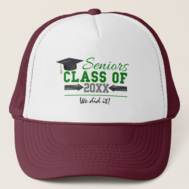 Green and  Grey Graduation Gear Trucker Hat (Front)