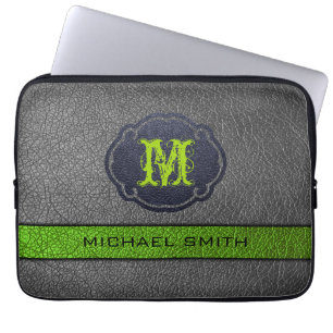 Green and Grey Leather Custom Monogram Laptop Sleeve