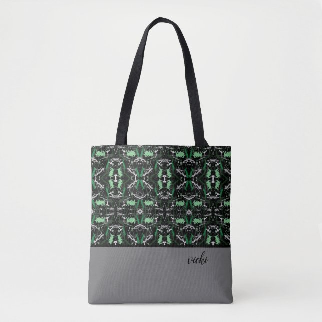 Green and Grey Paint Splatter Monogrammed Tote Bag (Front)