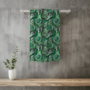 Green and Grey Paisley Pattern Bath Towel Set