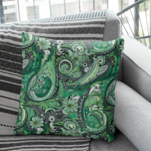Green and Grey Paisley Pattern Throw Pillow