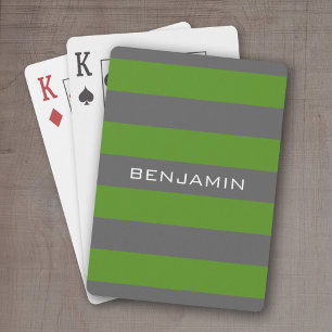 Green and Grey Rugby Stripes with Custom Name Playing Cards