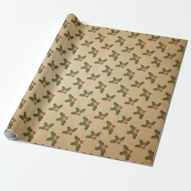 Green and Kraft Retro Christmas Wrapping Paper (Unrolled)
