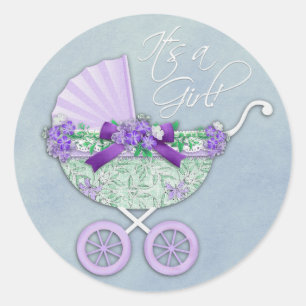 Green and Lavender Purple Baby Carriage Classic Round Sticker