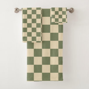 Green and Light Beige Chequerboard Bath Towel Set