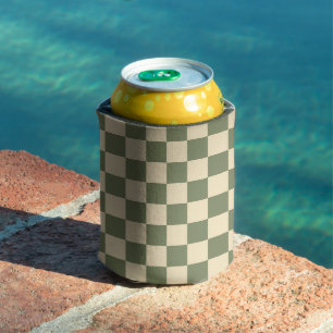 Green and Light Beige Chequerboard Can Cooler