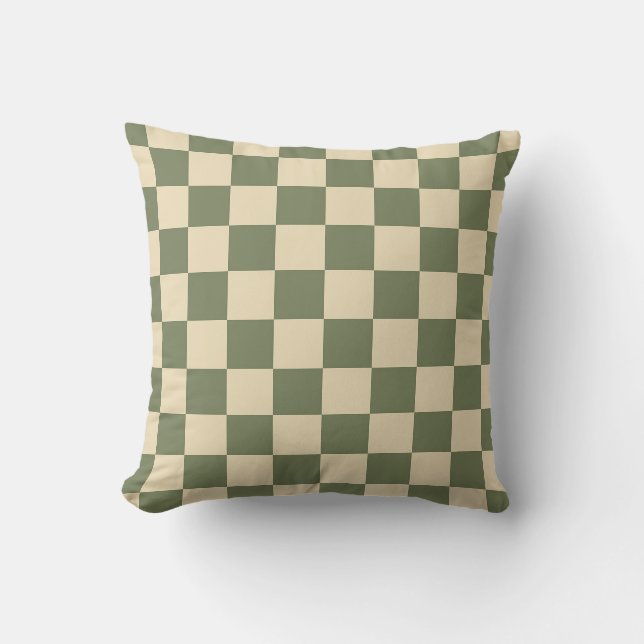 Green and Light Beige Chequerboard Throw Pillow (Front)