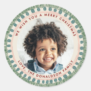 Green and Maroon Watercolor Happy Fringe Photo Classic Round Sticker