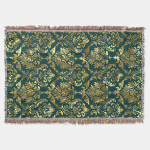 Green And Metallic Gold Vintage Floral Damasks Throw Blanket