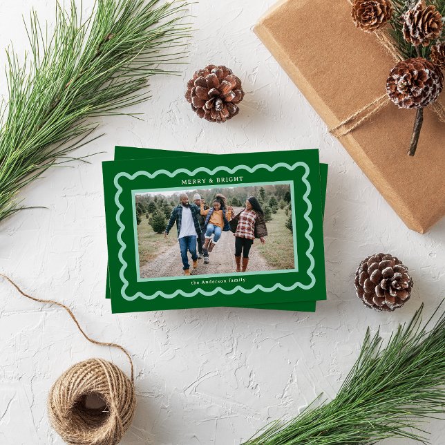 Green and Mint Simple Scallop Photo Frame Holiday Card (Creator Uploaded)