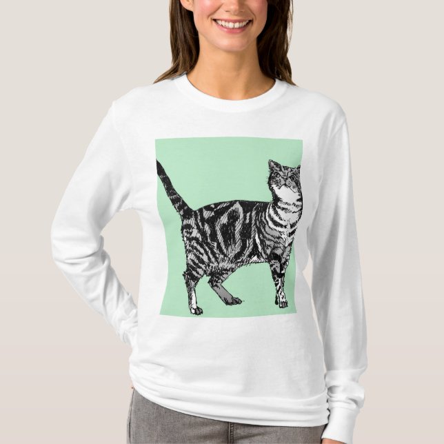 Green and mint Tabby Cat cat art Long Sleeve Top (Front)