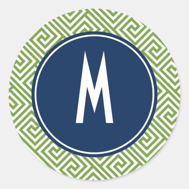 Green and Navy Blue Greek Key Pattern Monogram Classic Round Sticker (Front)
