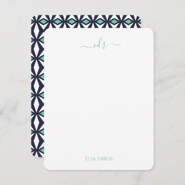 Green and Navy Diamond Monogram Note Card (Front/Back)